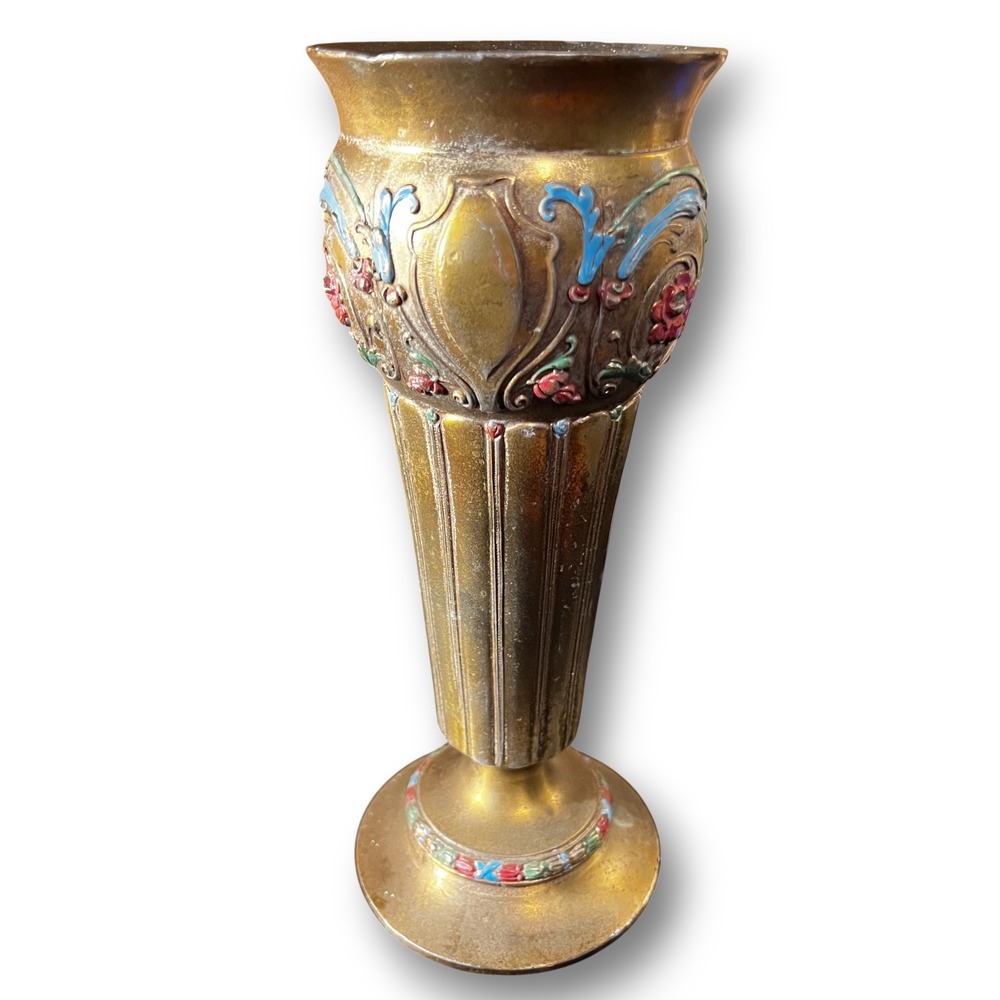 Vintage Etched Brass & Enamel Floral Vase Boho Decor 9.5 Inch Tall